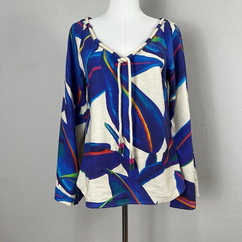 Farm‎ Rio Long-Sleeve Rope Tie Linen Blouse Colorful Flared V-Neck Size XS